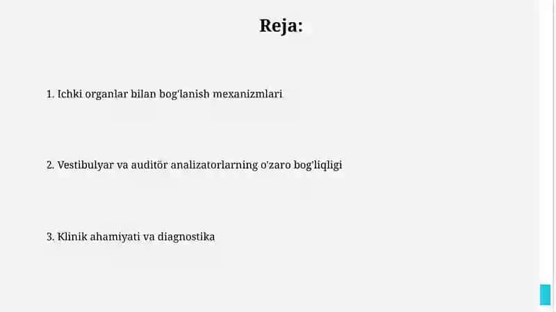 Vestibulyar va auditör analizatorlarning o'zaro bog‘liqligi 2