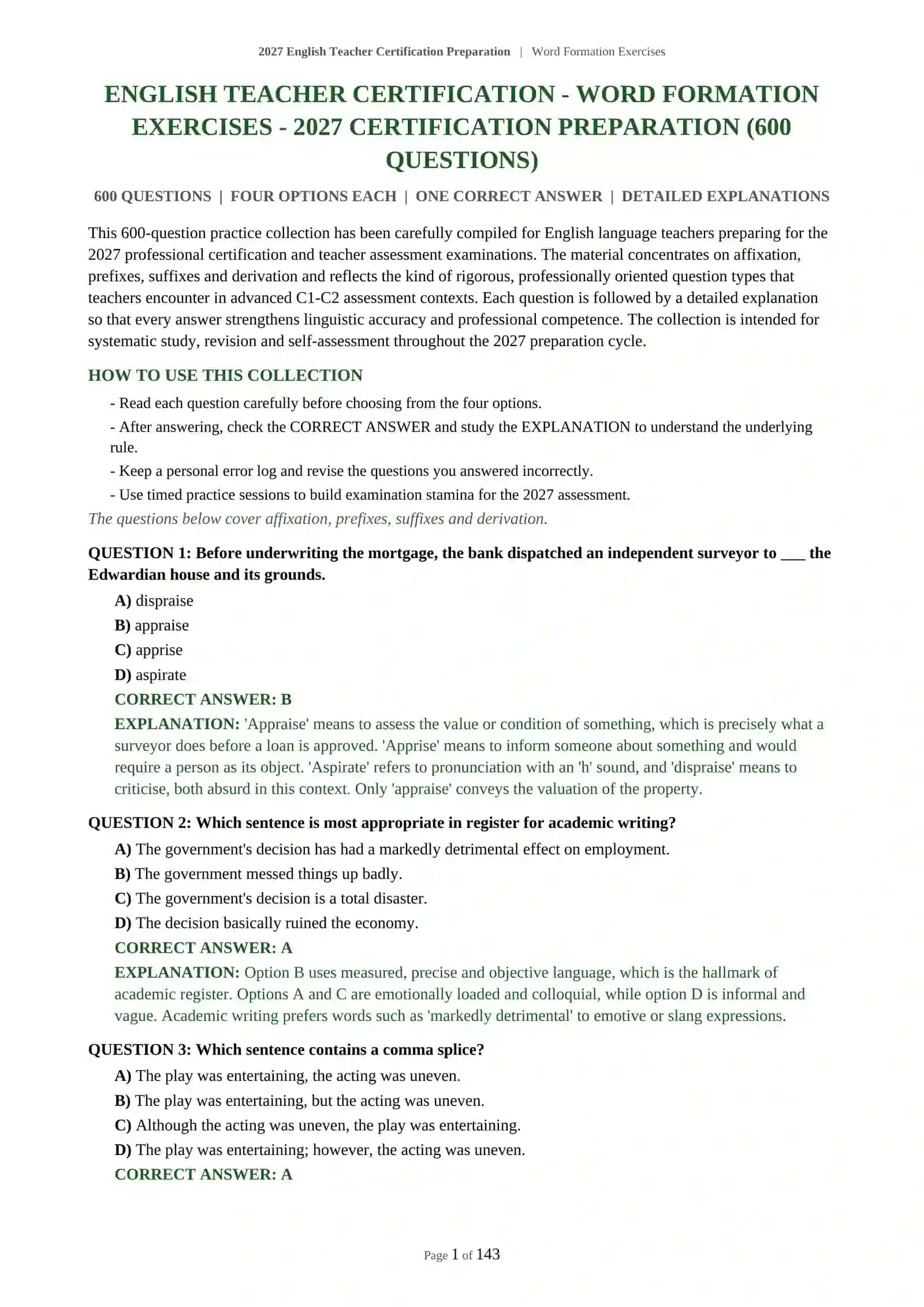 2027 English Teacher Certification Preparation | Word Formation Exercises 2