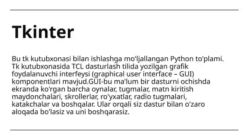 Tkinter kutubxonasi O'ynailovalarini ishlab chiqish asoslari 2