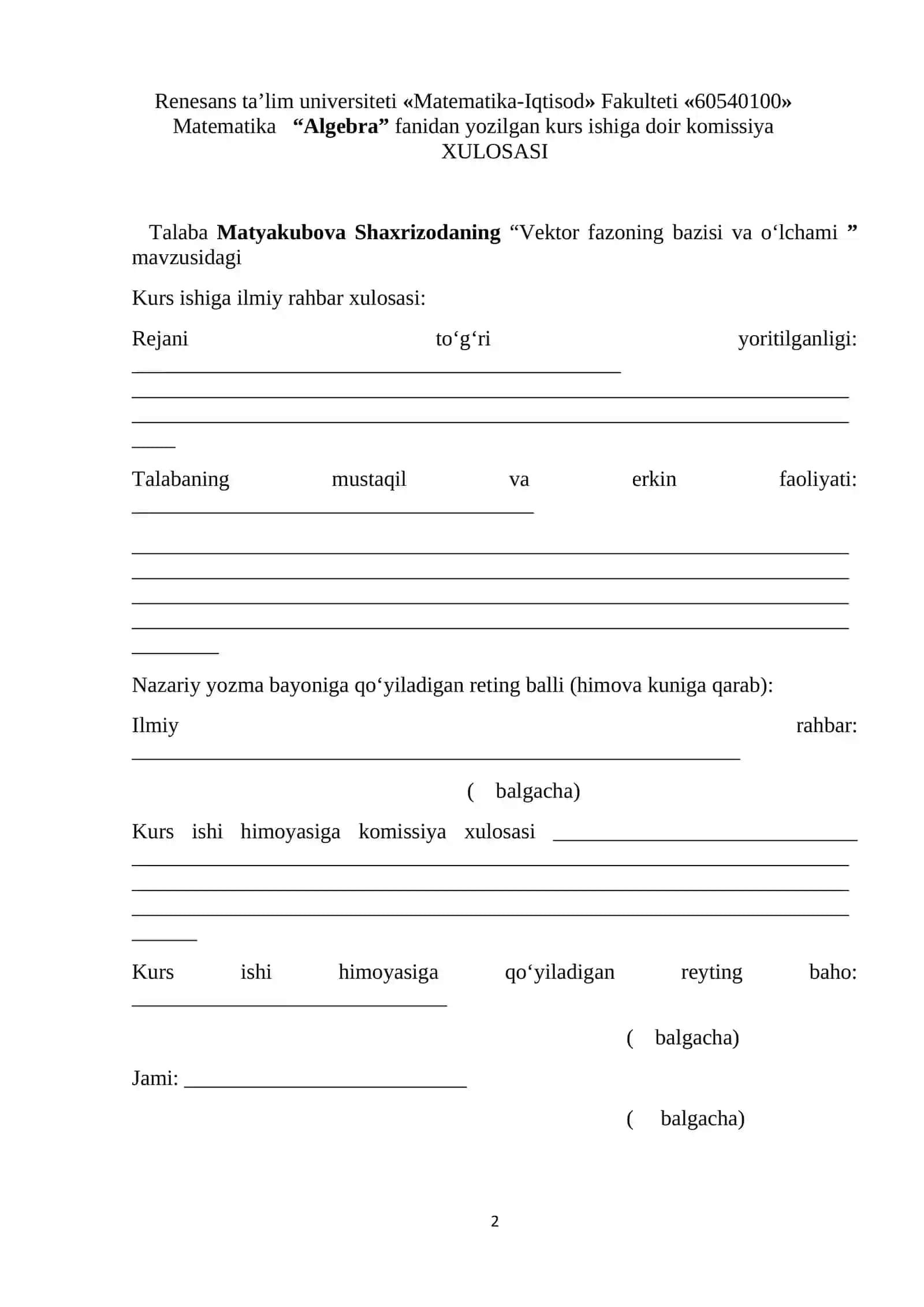 Vektor fazoning bazisi va oʻlchami kurs ishi 2