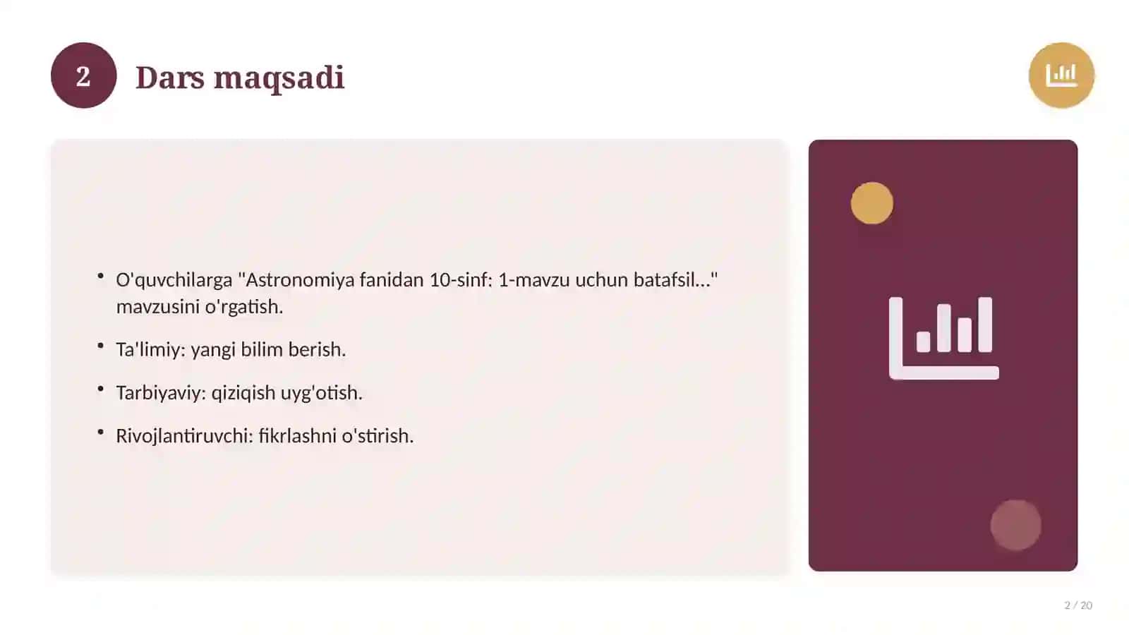 Astronomiya fanidan 10-sinf: 1-mavzu uchun batafsil dars ishlanmasi 2