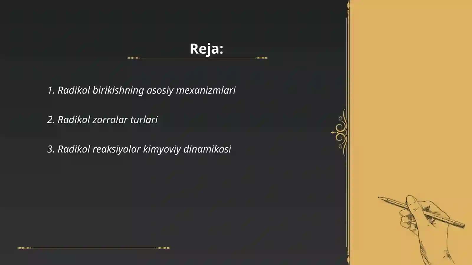 Radikal birikish radikal faoliyat zarralar. Qarash effekti 2