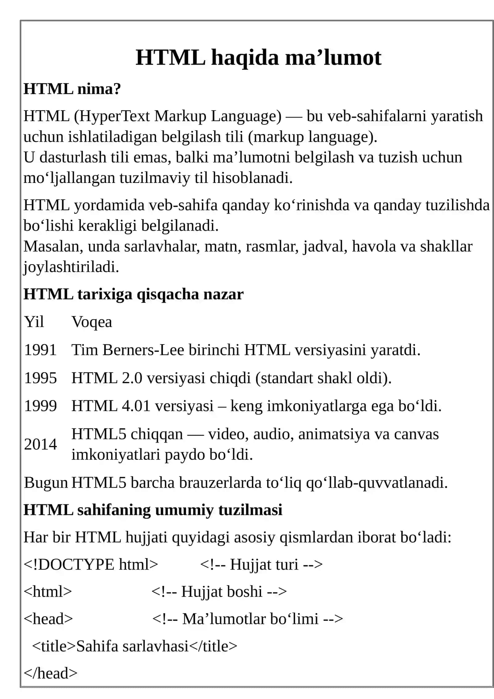 HTML yaratilishi va tarixi 2