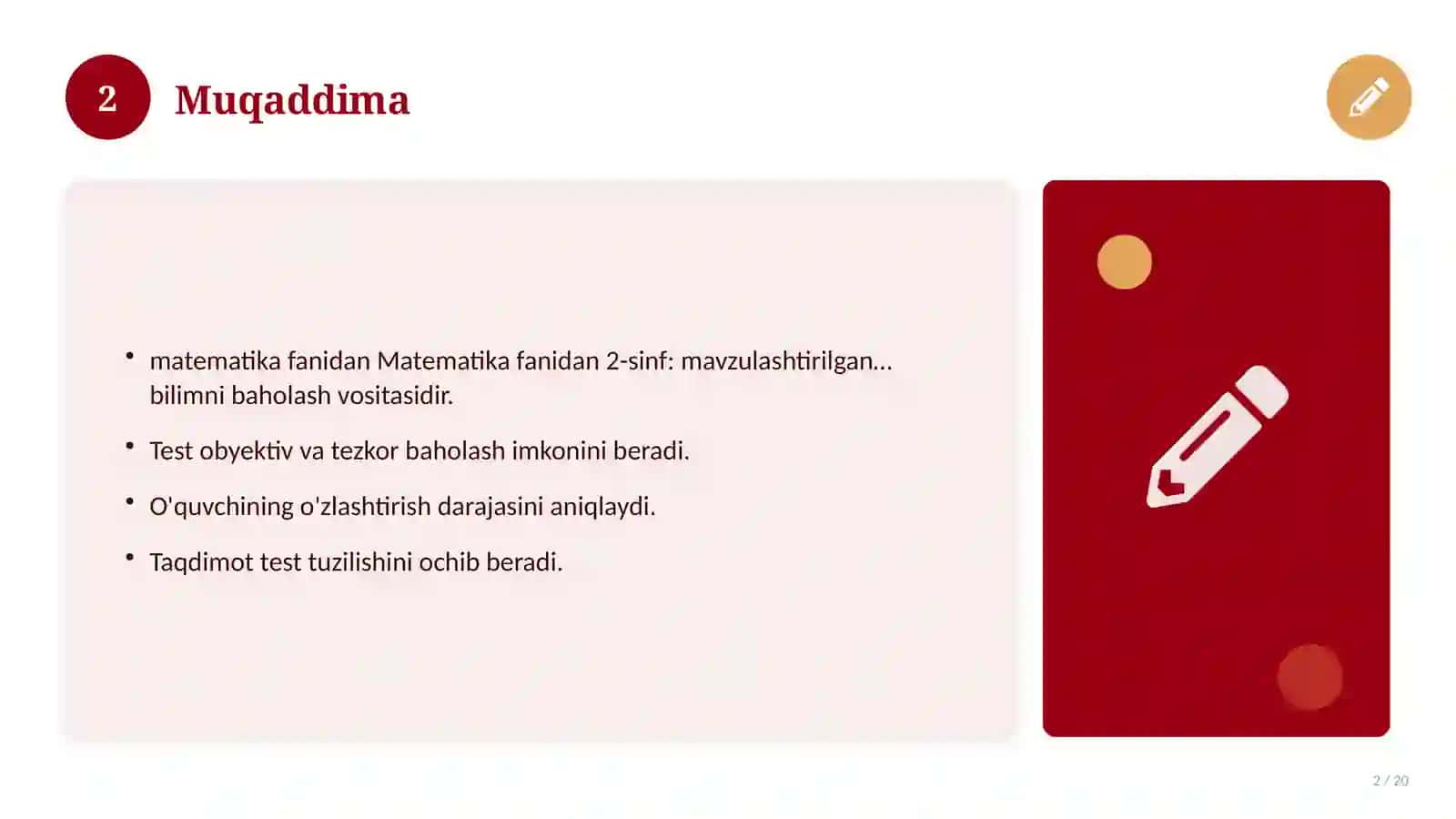 Matematika fanidan 2-sinf: mavzulashtirilgan nazorat ishi va tahlil 2