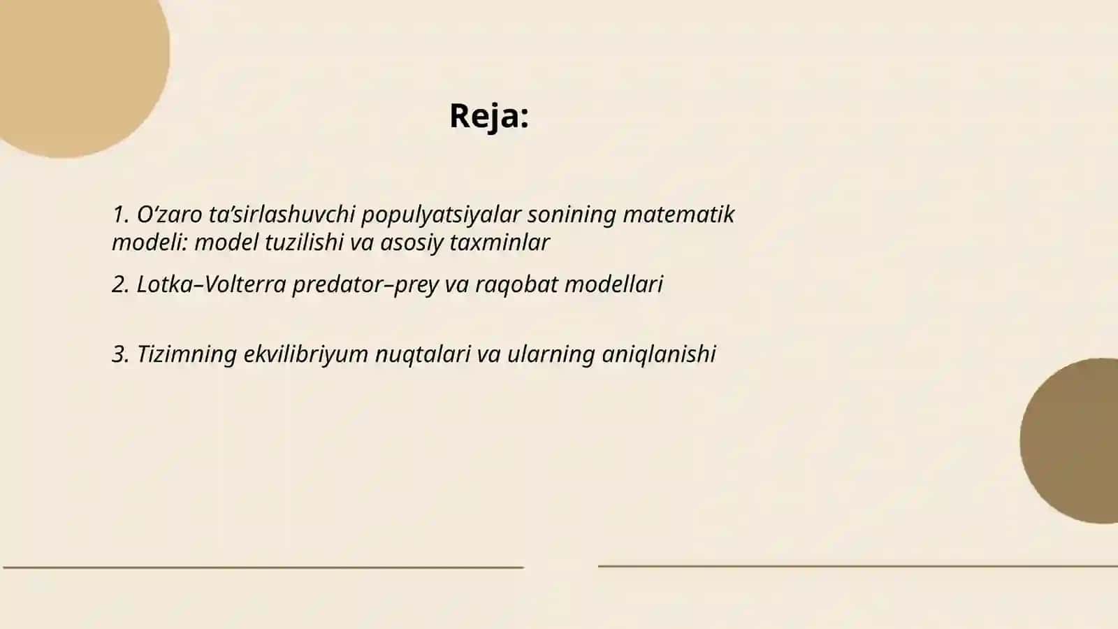 O‘zaro ta’sirlashuvchi populyatsiyalar sonining matematik modeli va uning tahlili 2