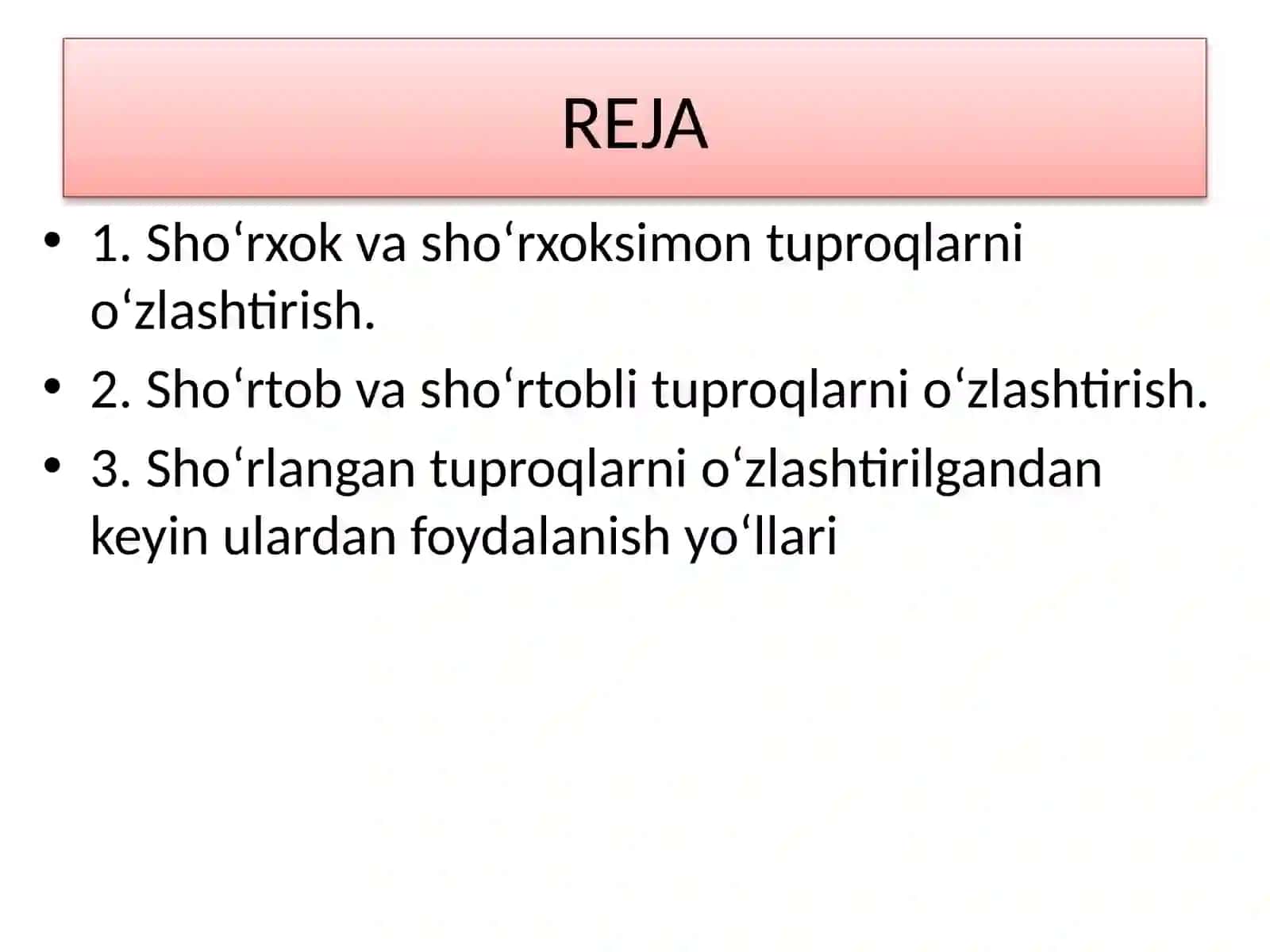 Sho‘rhok va sho‘rhokli, sho‘rtob va sho‘rtobli, taqirli tuproqlar va qumliklarni o‘zlashtirish 2