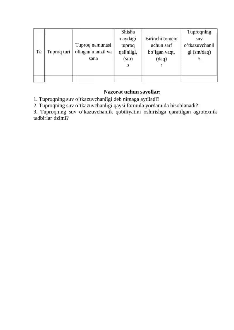 TUPROQNING SUV O‘TKAZUVCHANLIGINI ANIQLASH. 2