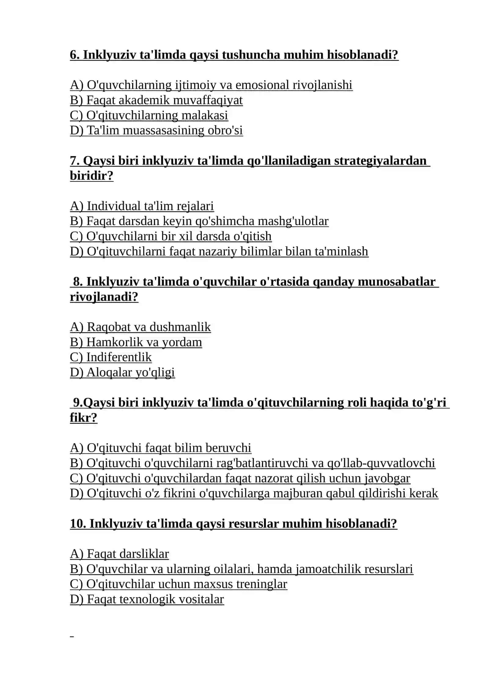 Inklyuziv ta’lim boʻyicha test 2