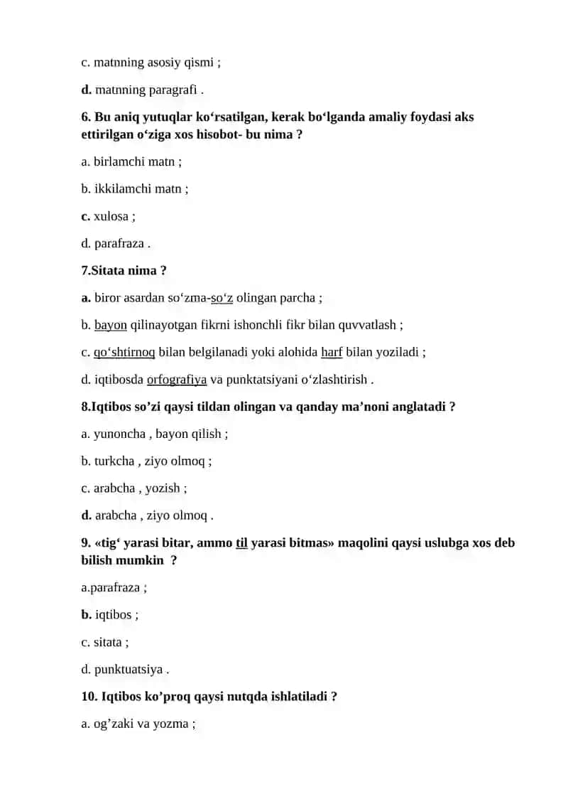 Akademik yozuv fanidan "Taqdimot nutqi ommabop nutqning bir turi sifatida. Taqdimotning tarkibi. Taqdimot turlari" mavzusida test savollari (javoblari bilan) 2