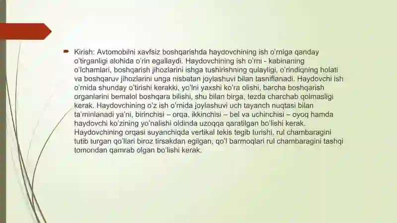 Haydovchining ish o'rni va harakat xavfsizligi 2