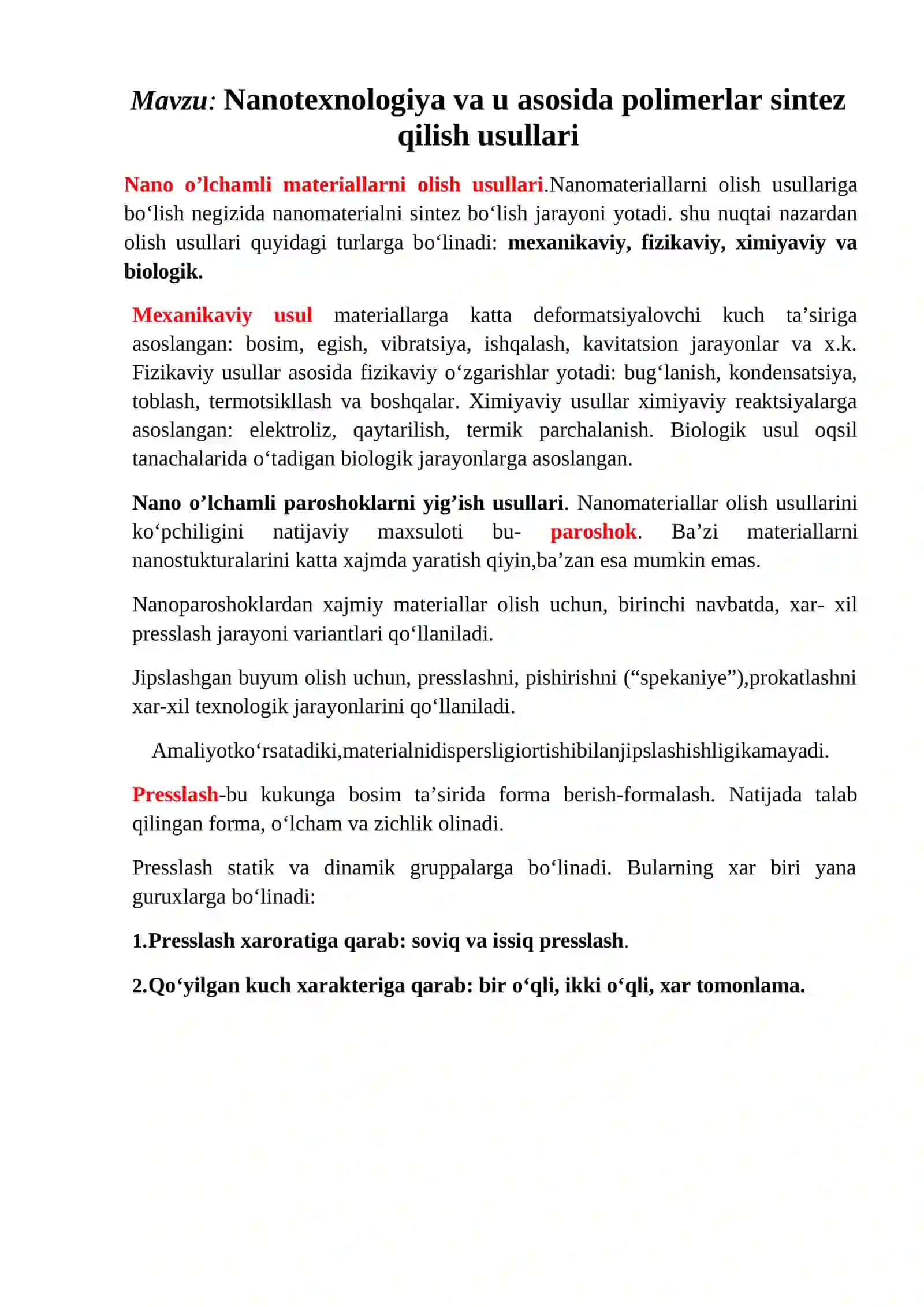 Nanotexnologiya va u asosida polimerlar sintez qilish usullari 2