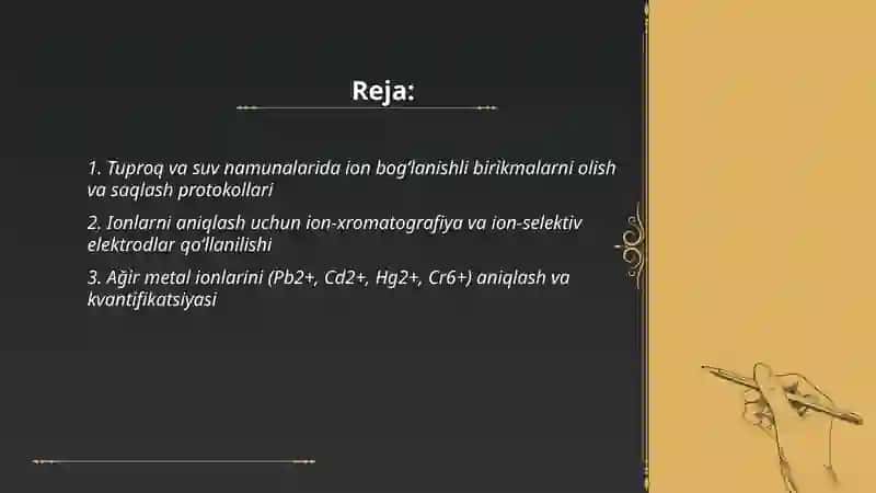 Tuproq va suvning ifloslanishida ion bogʻlanishli birikmalarni aniqlash 2