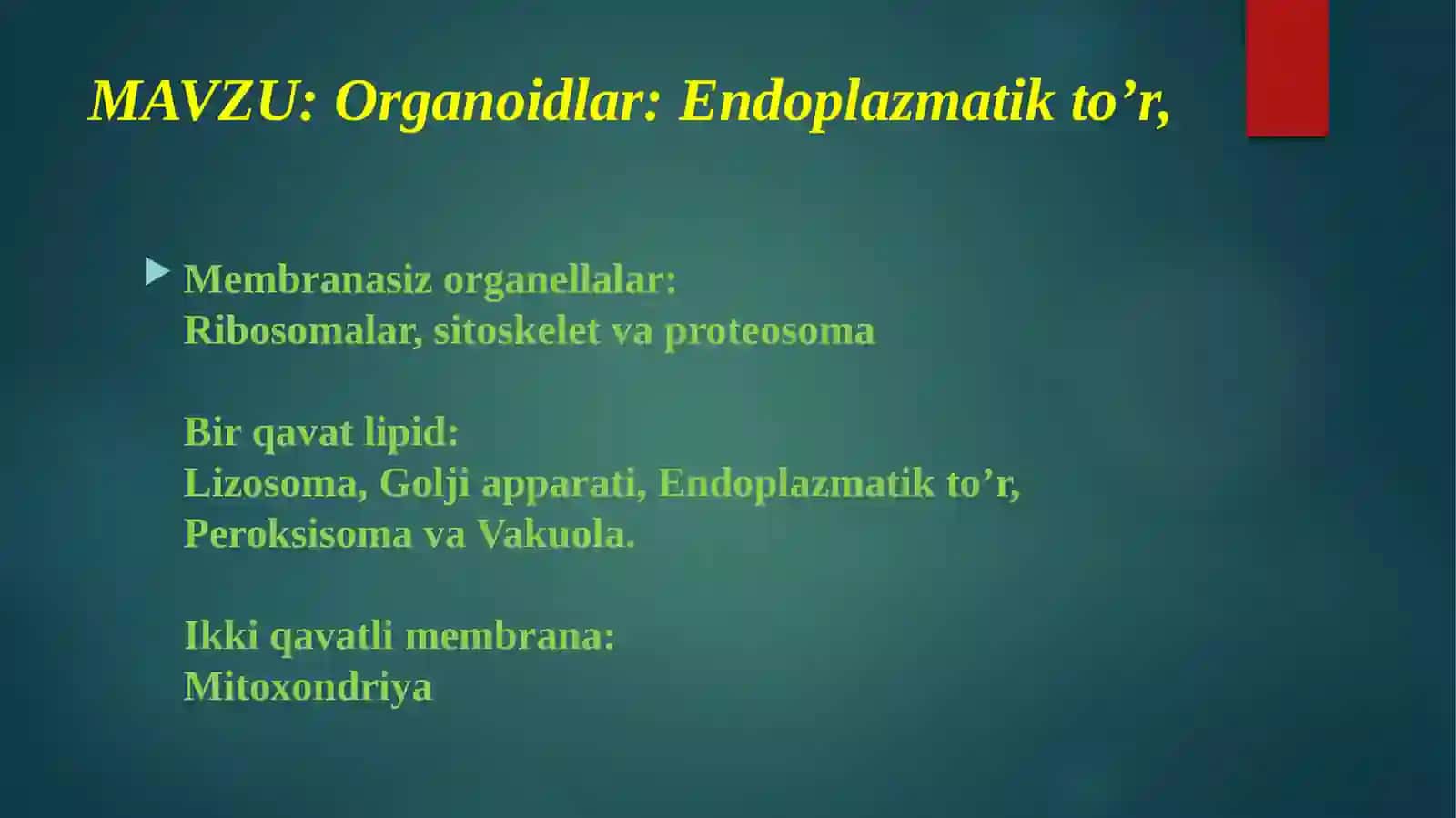 Organoidlar: Endoplazmatik to’r, Membranasiz organellalar:Ribosomalar, sitoskelet va proteosomaBir qavat lipid:Lizosoma, Golji apparati, Endoplazmatik to’r, Peroksisoma va Vakuola.Ikki qavatli membrana:Mitoxondriya 2