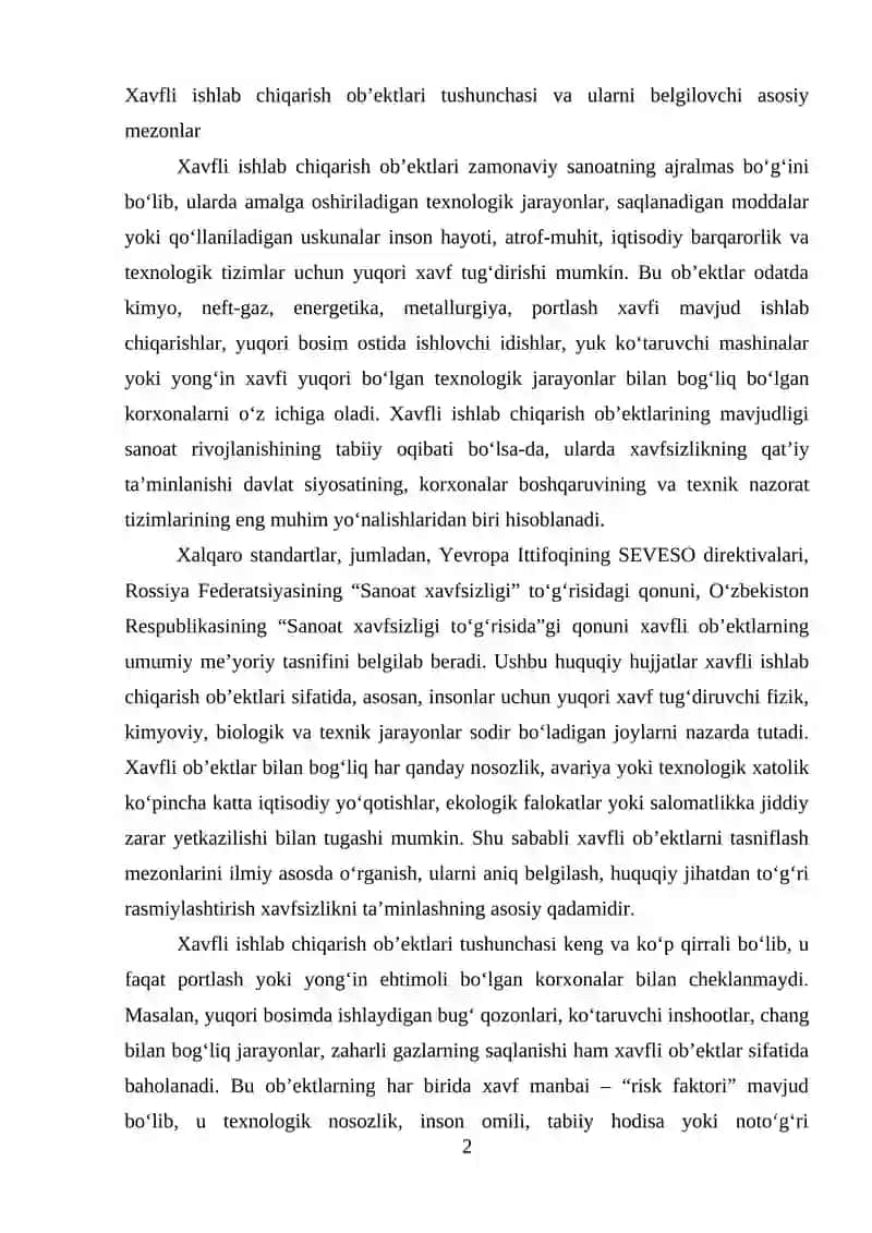 XAVFLI ISHLAB CHIQARISH OBEKTLARINING SANOAT XAVFSIZLIGI TOG'RISIDAGI QONUN BANDLARINI O'RGANISH 2
