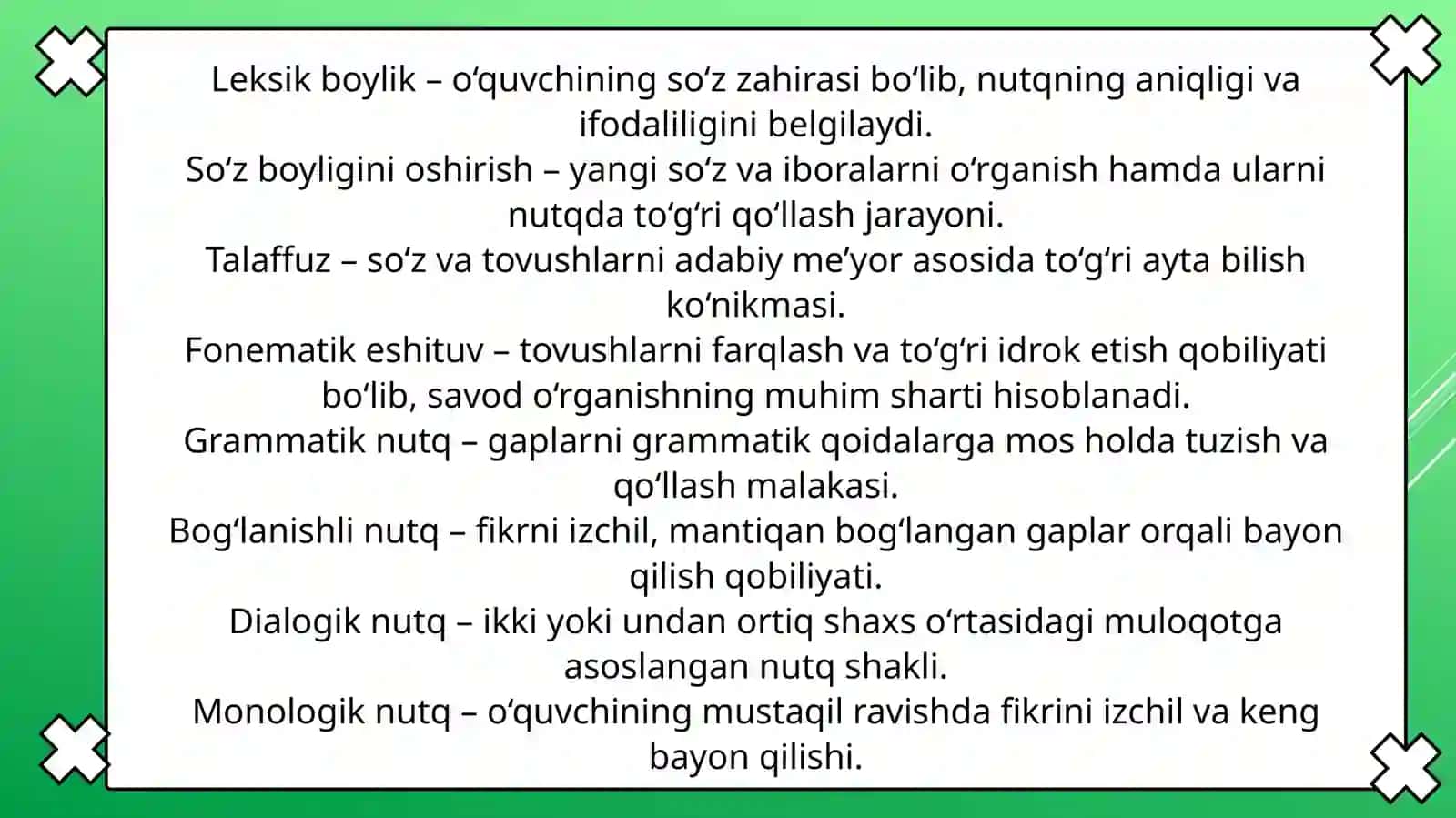 Nutq va nutq oʻstirish test glossariy va taqdimot 2