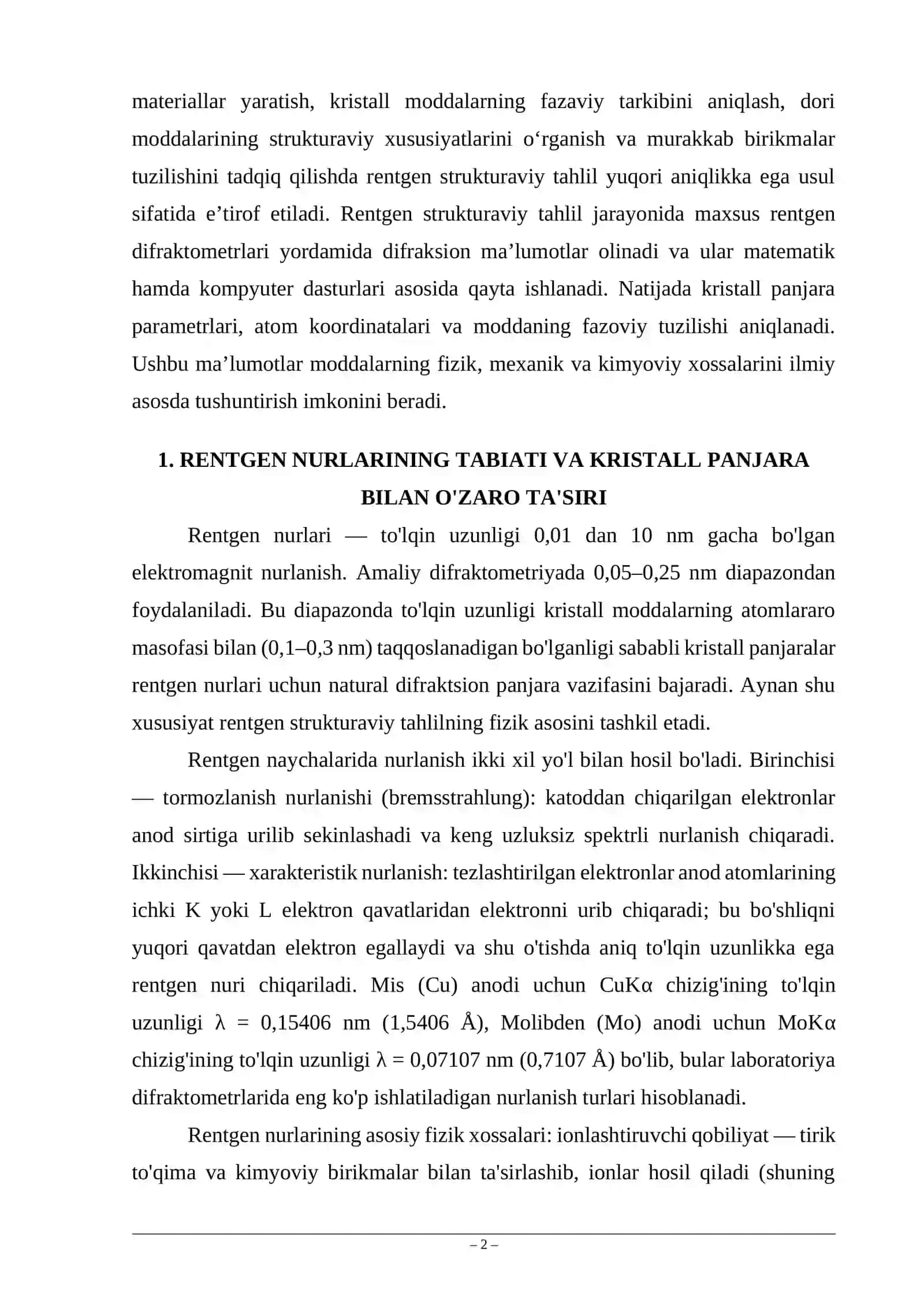 Rentgen strukturaviy tahlil usullari. 2