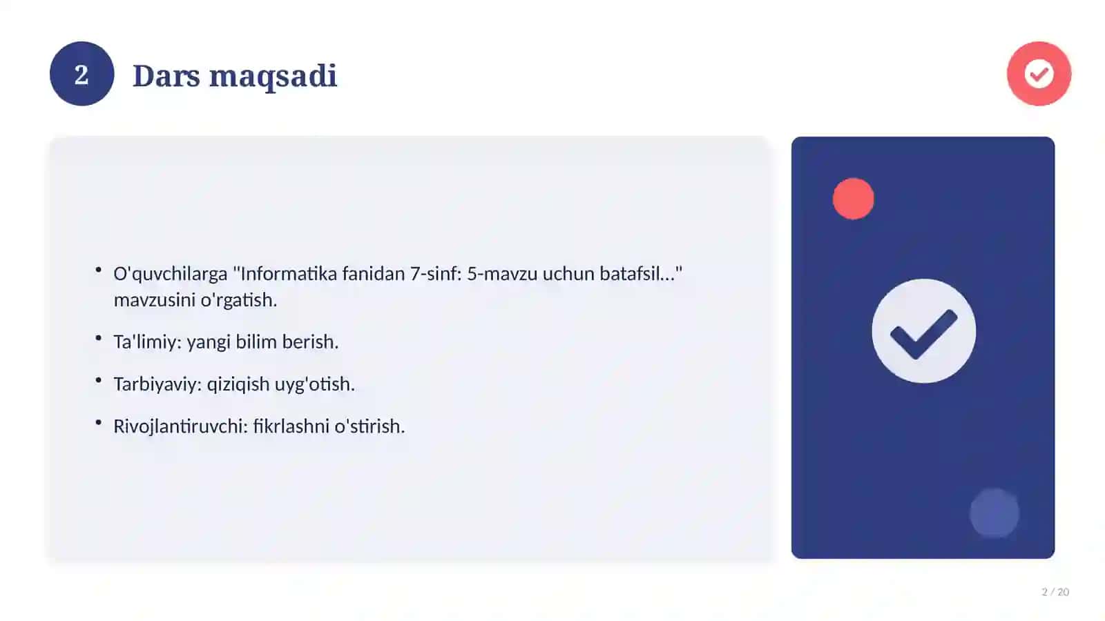 Informatika fanidan 7-sinf: 5-mavzu uchun batafsil dars ishlanmasi 2