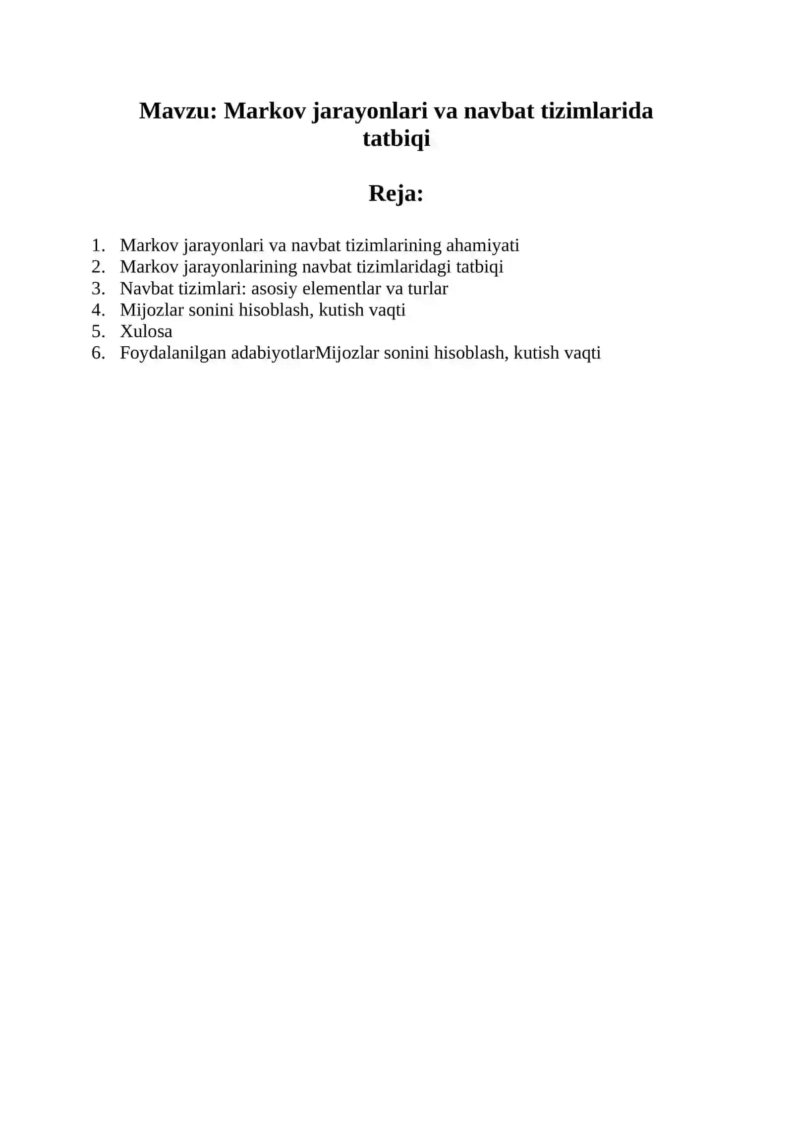 Markov jarayonlari va navbat tizimlarida tatbiqi 2