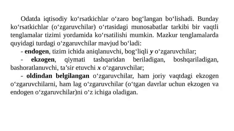 Ekonometrik Tenglamalar Sistemasining Ekonimetrik Modellar 2