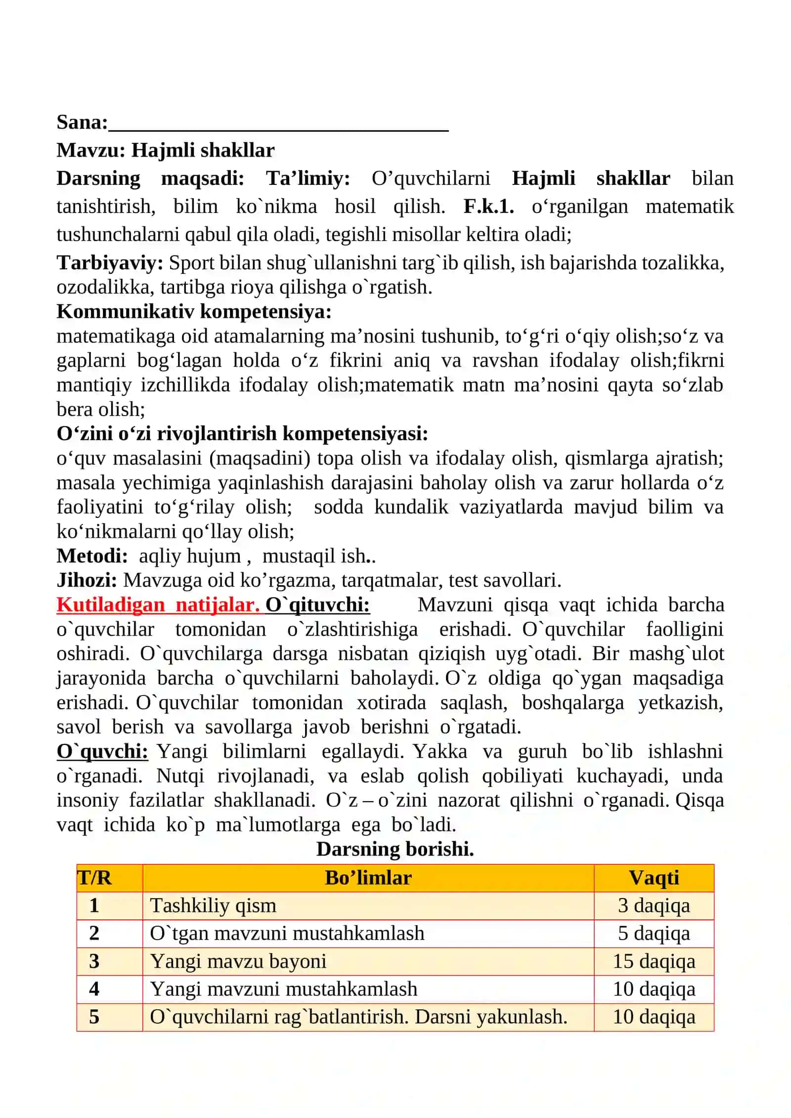Hajmli shakllar mavzusida 2-sinf matematika fanidan dars ishlanmasi 2