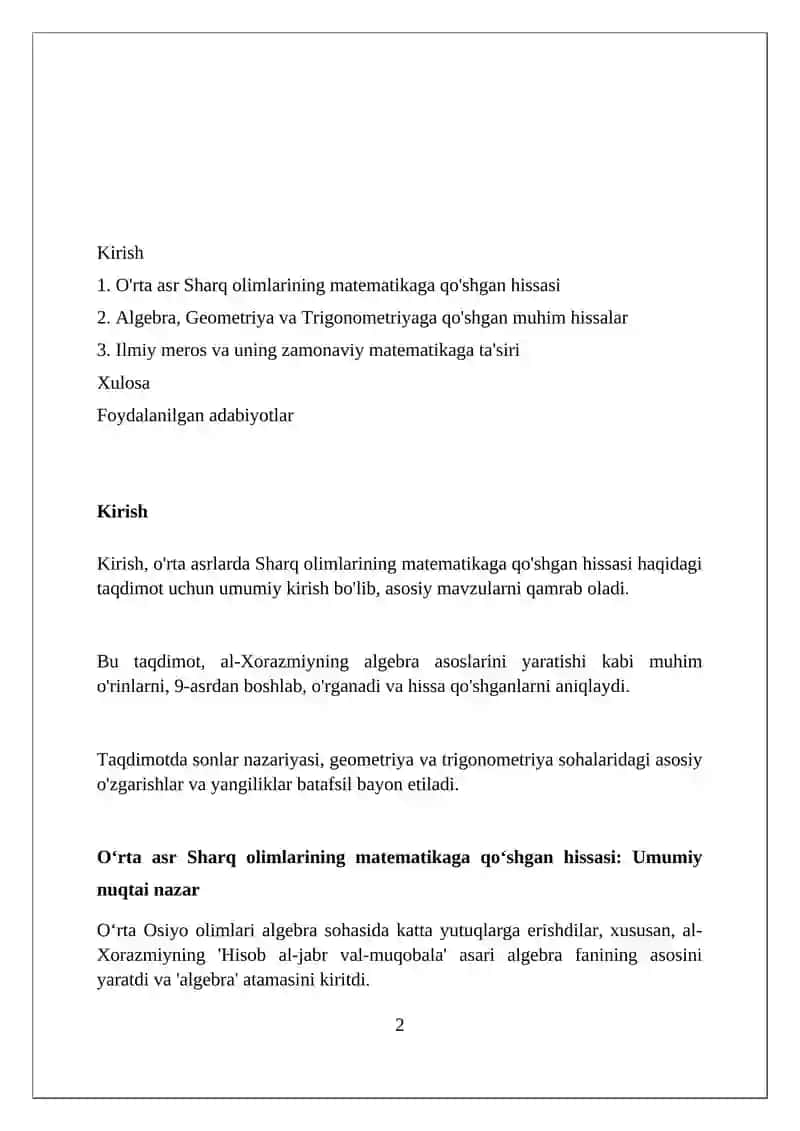 Oʻrta asr sharq allomalarining matematikaga qoʻshgan hissalari 2