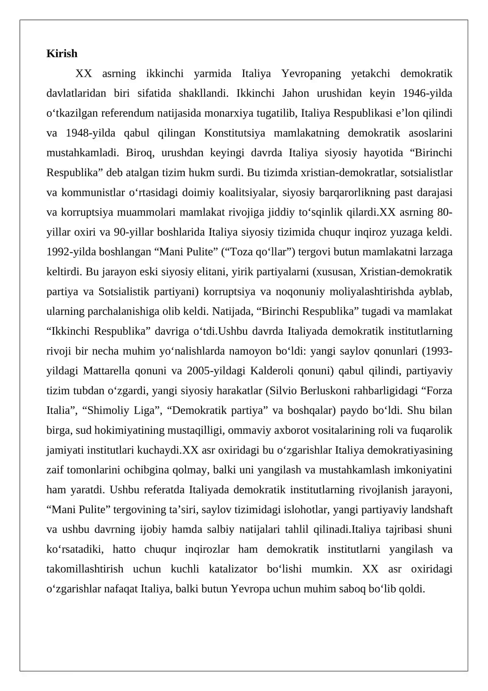 XX asr oxirida Italiyada demokratik institutlar rivoji 2