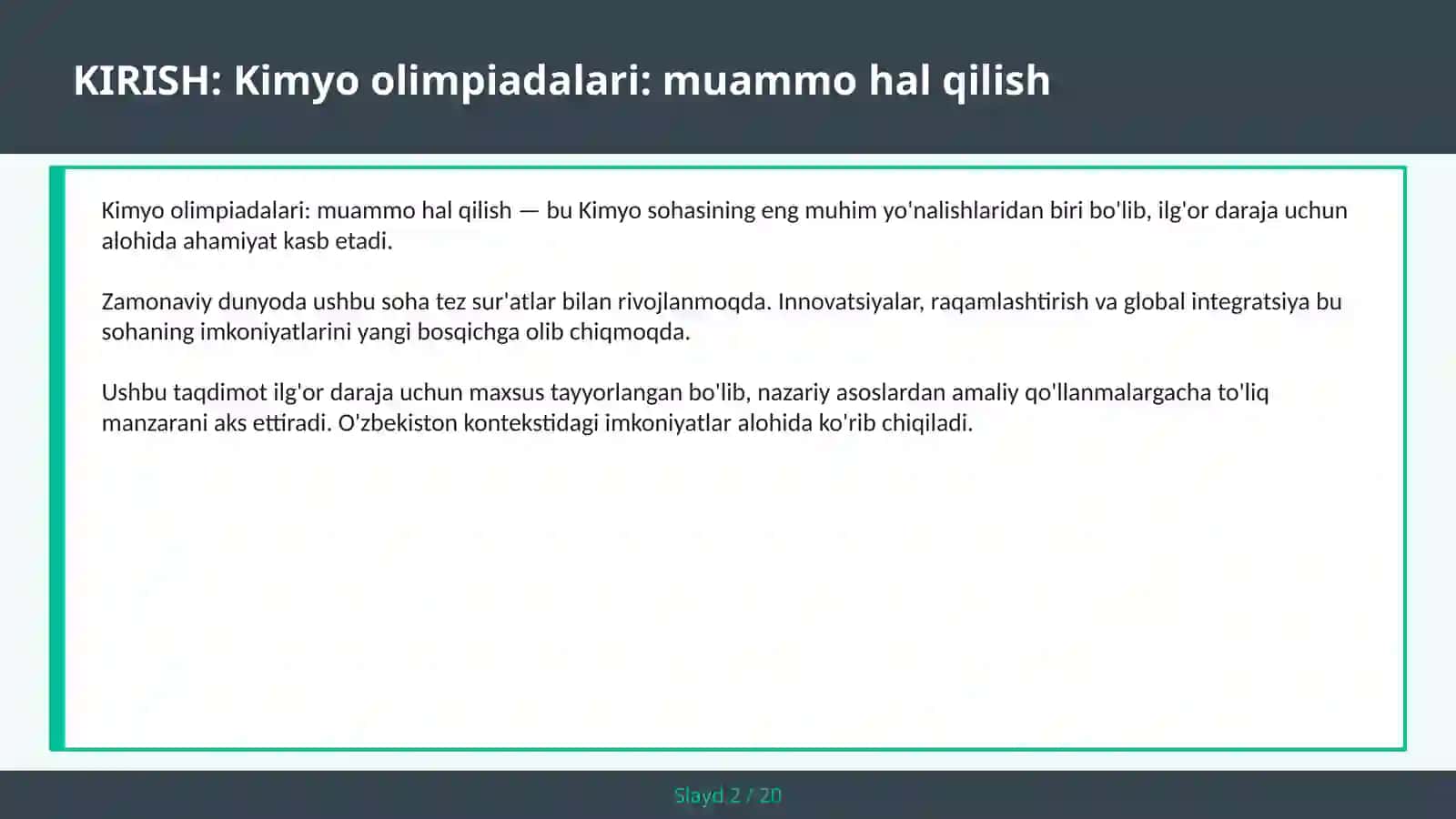 Kimyo olimpiadalari: muammo hal qilish 2