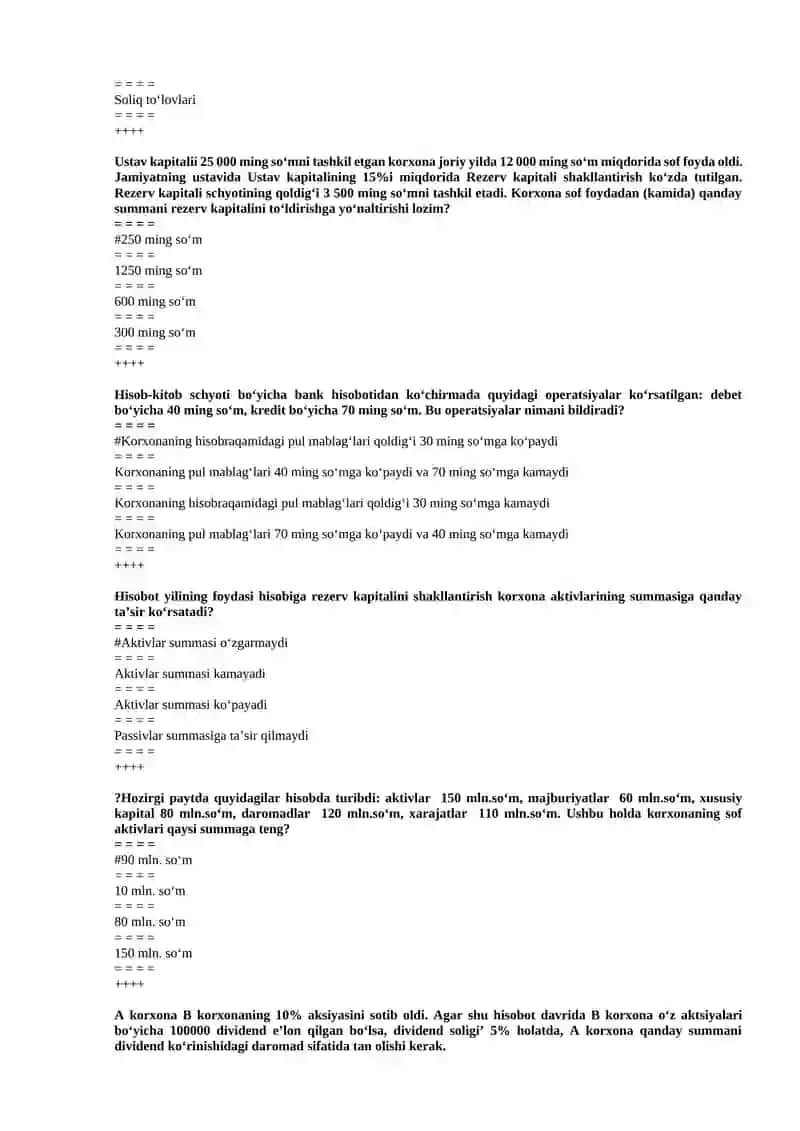 Moliyaviy hisob asoslari fanidan TEST SAVOLLARI 2
