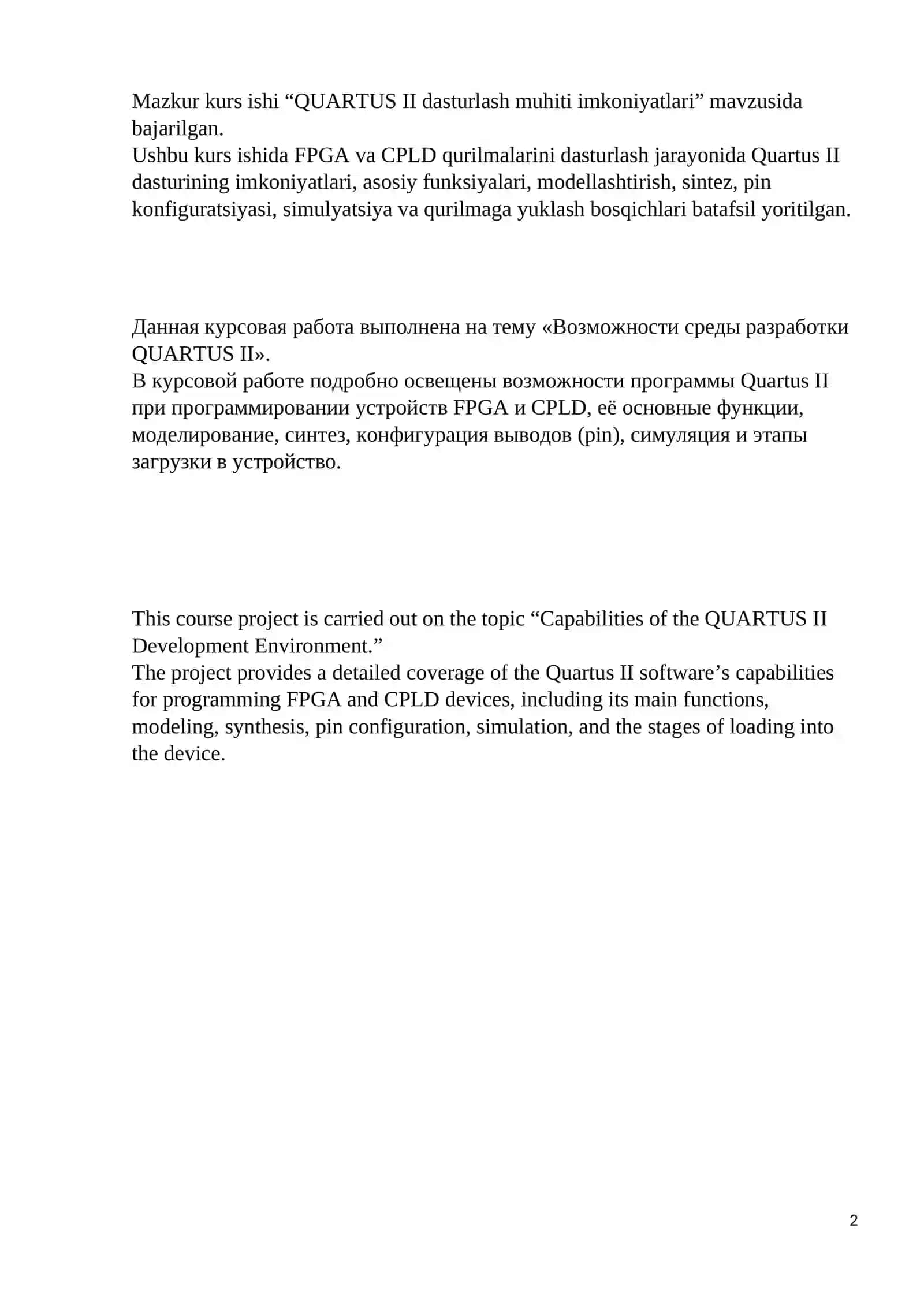 QUARTUS II DASTURLASH MUHITI IMKONIYATLARI 2