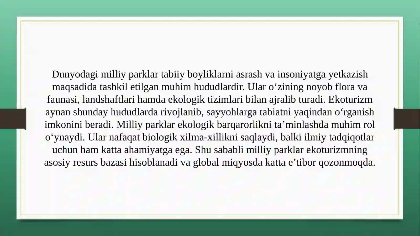 Dunyodagi milliy parklar ekoturizm resurslari 2