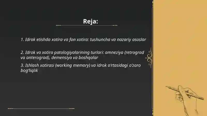 Idrok etishda xotira va fo‘n.xotira patalogiyasi va koprekksiyasi 2