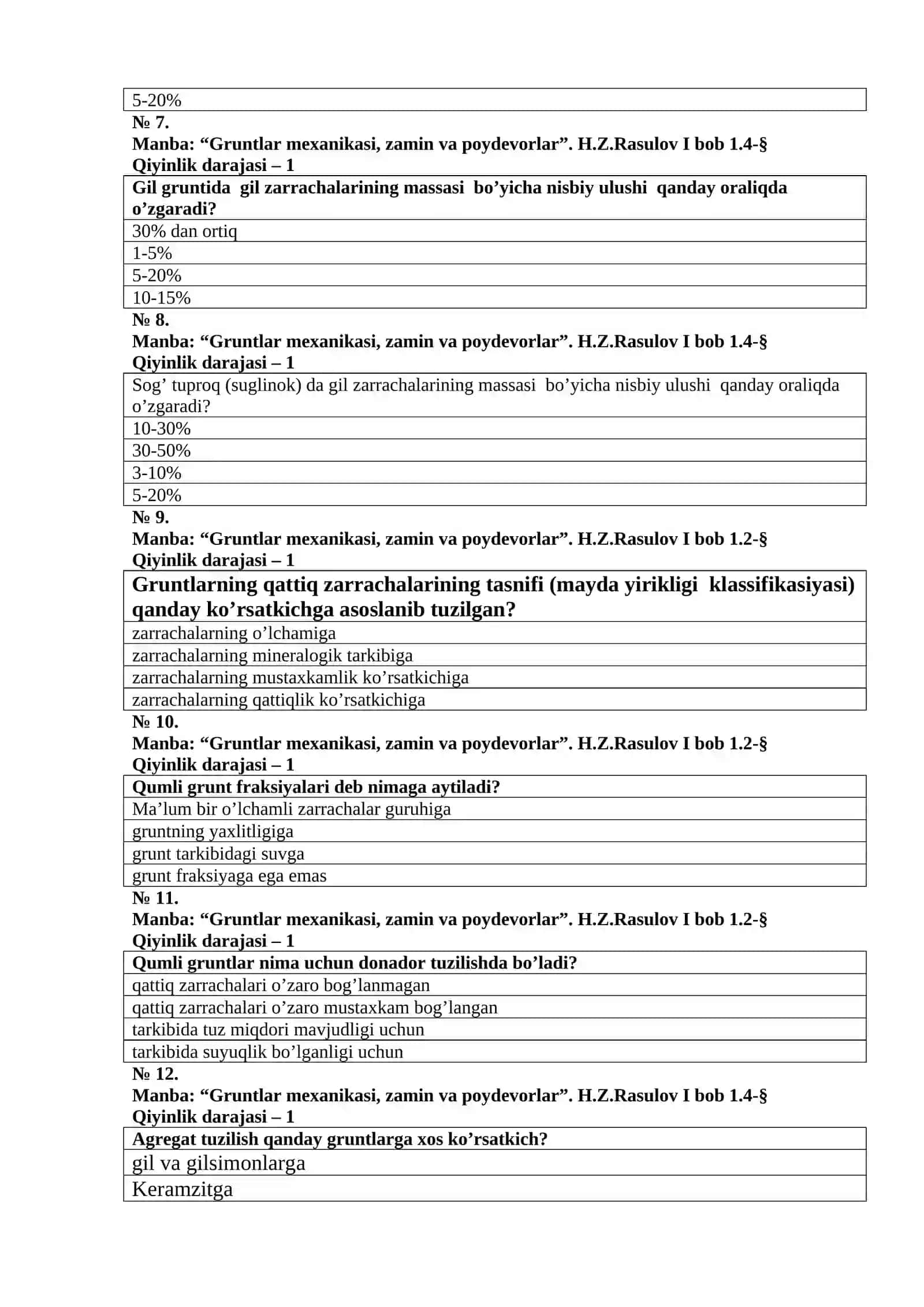 Gruntlar mexanikasi, zamin va poydevorlar fanidan test 2