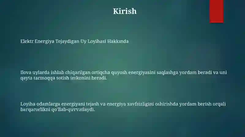 Elektr Energiya Tejaydigan Uy Loyihasi 2