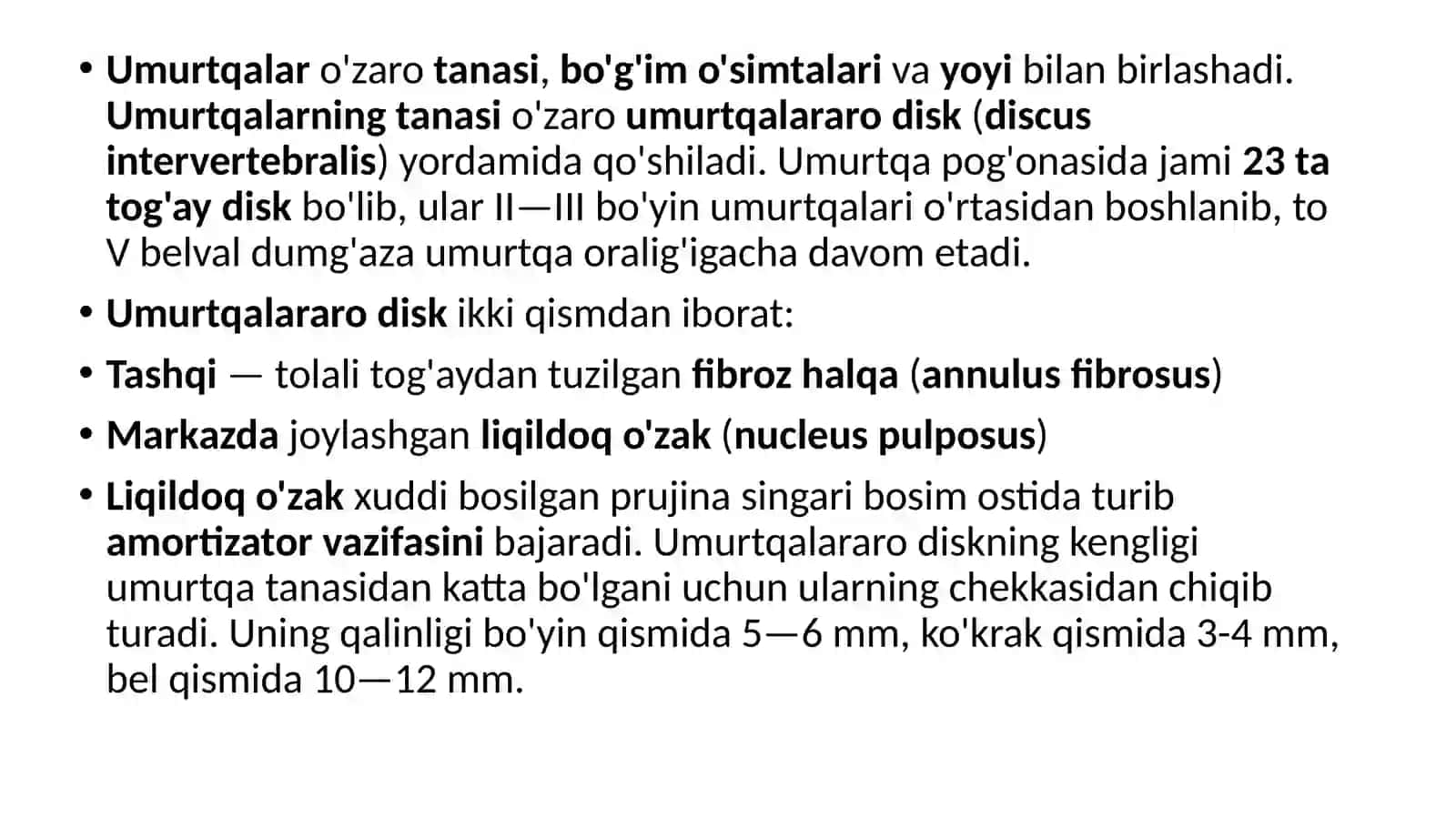 Umurtqalarning o’zaro birlashuvi. Umurtqa pog’onasi. Qovurg’alarning umurtqalar va to’sh suyagi bilan birlashuvi. Ko’krak qafasi Yelka kamari suyaklarining birlashuvi. Qo’l soxasidagi suyaklarning o’zaro birlashuvi 2