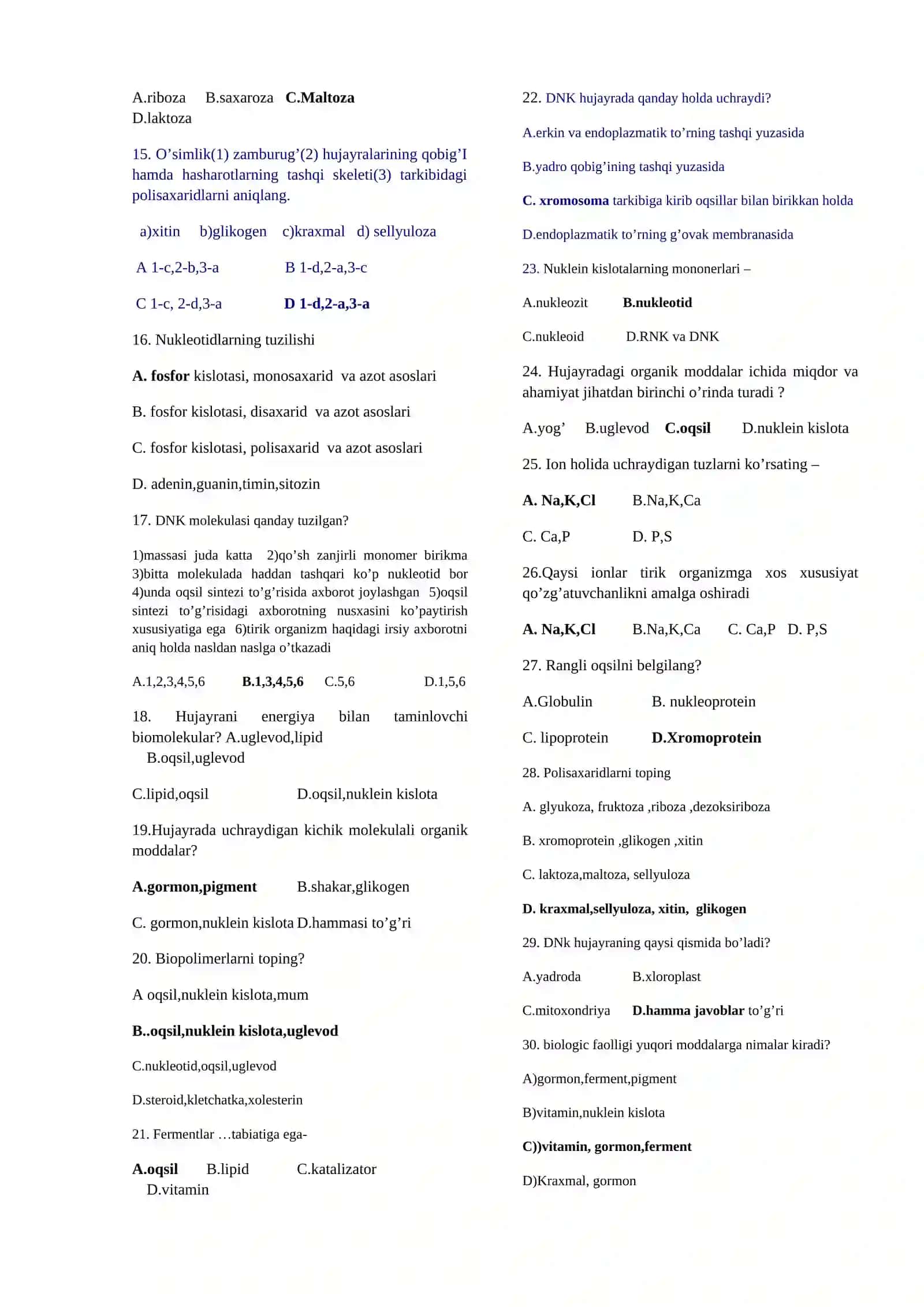 Moddalar almashinuvi 30talik test 2