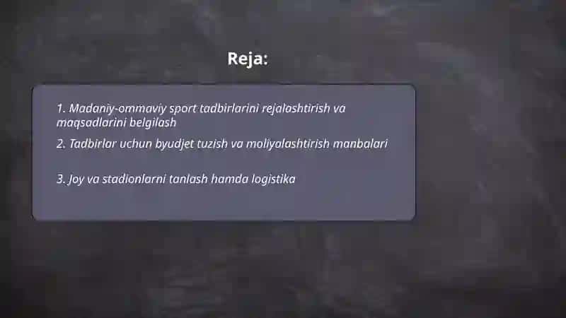 Madaniy-ommaviy sport tadbirlarini tashkil etish 2