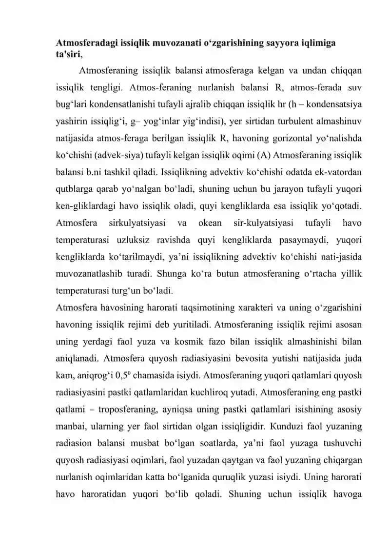 Atmosferadagi issiqlik muvozanati o‘zgarishining sayyora iqlimiga ta'siri, parnik effekti. 2