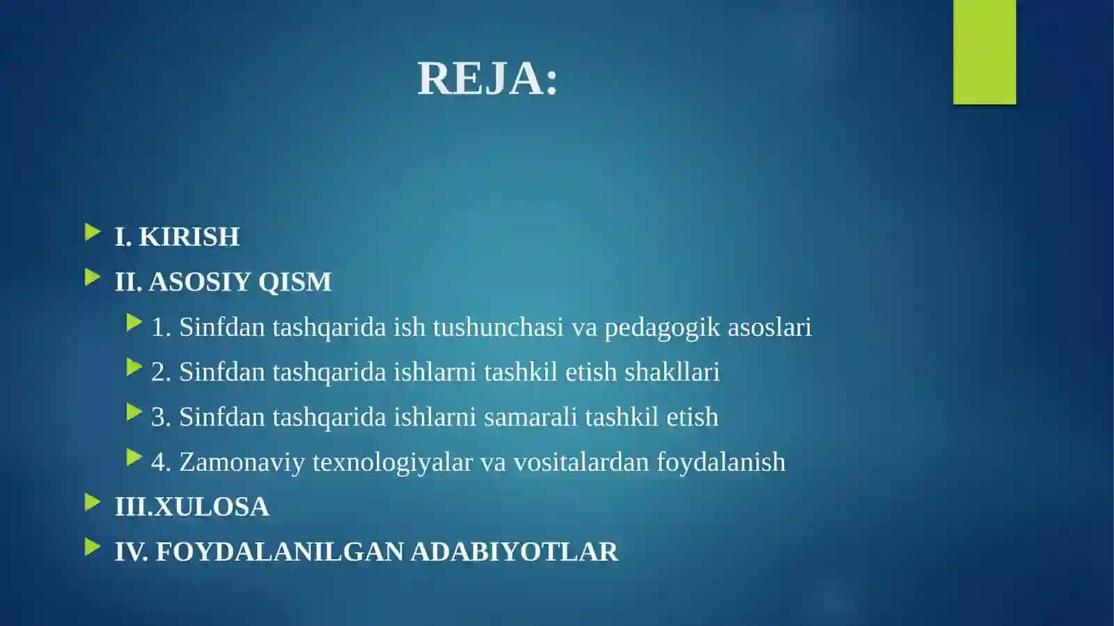 SINFDAN TASHQARIDA ISHLARNI TASHKIL ETISH 2