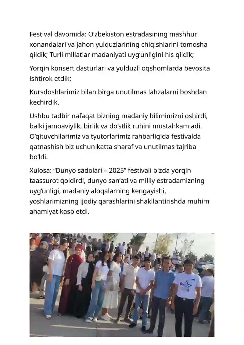 "Dunyo sadolari – 2025" xalqaro estrada sanʼati festivali 2