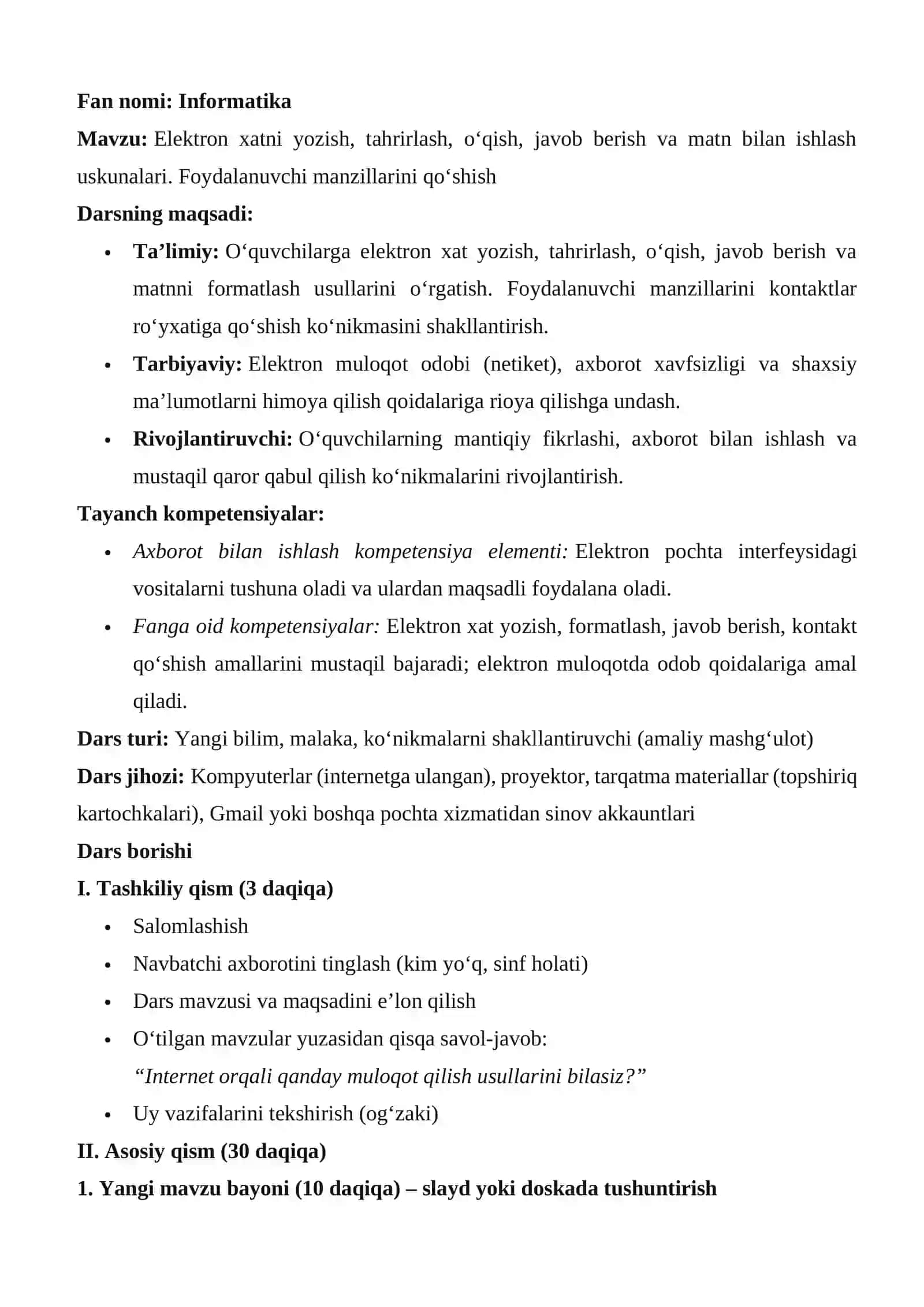 ochiq dars ishlanmasi informatika 6- sinf 4-chorak uchun 2