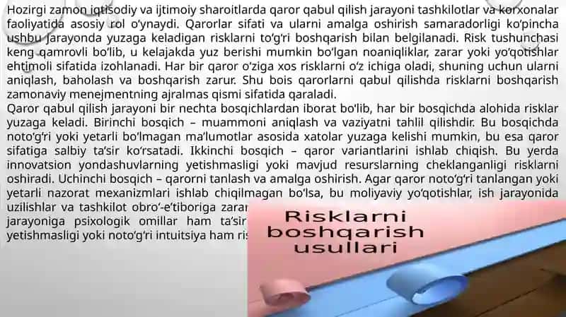 Qarorlarni qabul qilishda risklarni boshqarish. 2