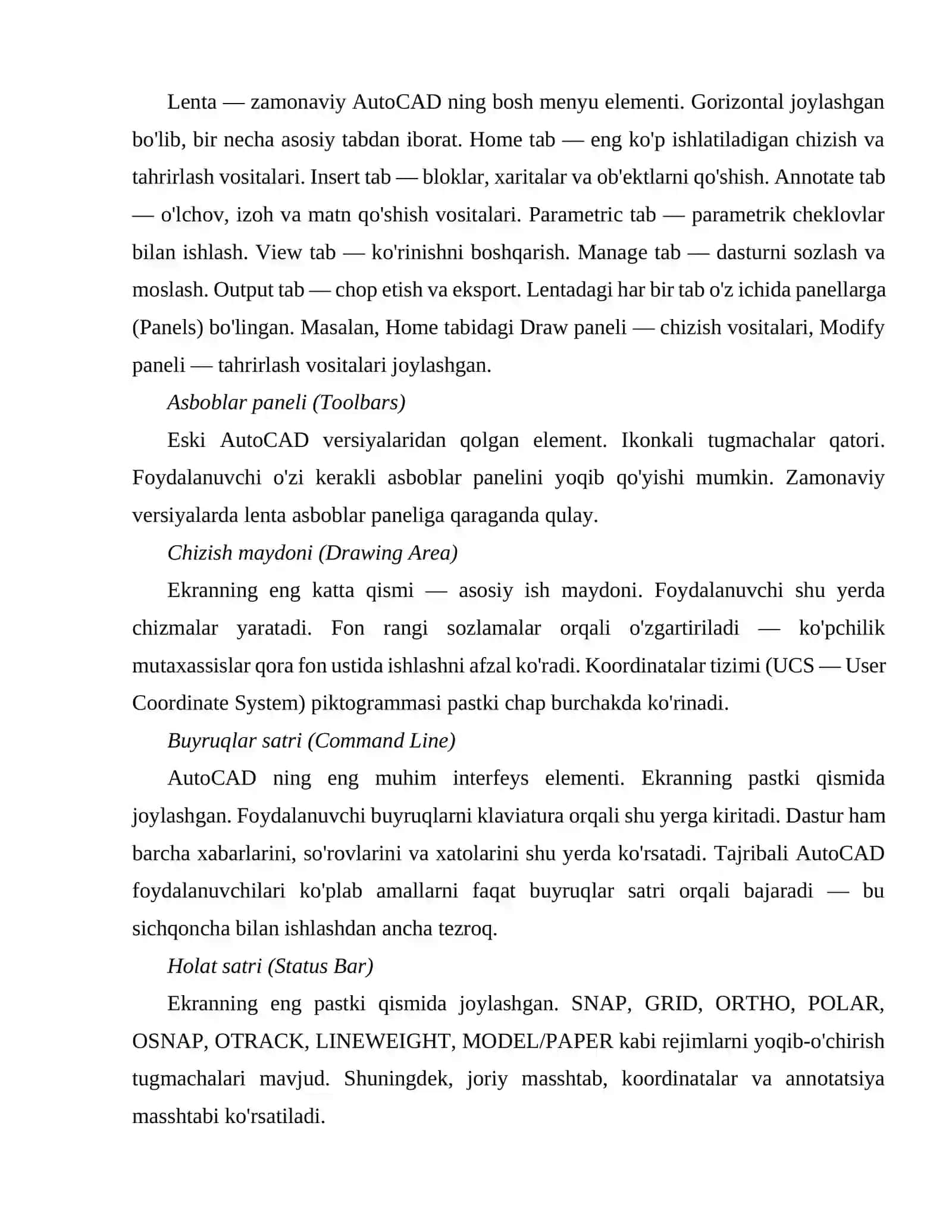 AvtoCAD dasturi interfeysi va imkoniyatlari 2
