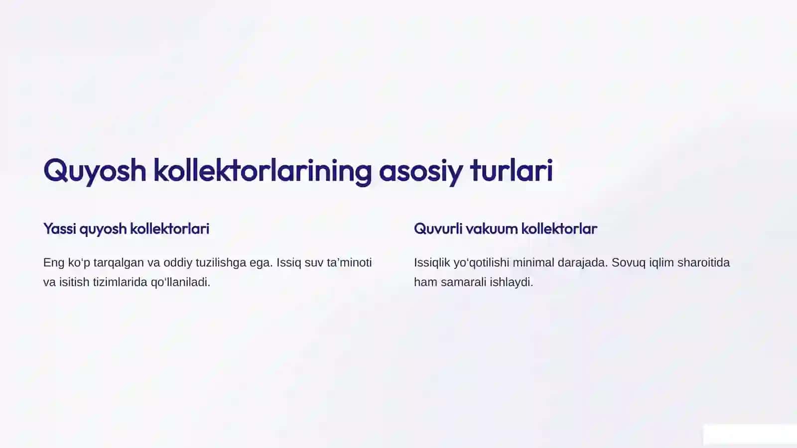 Quyosh kollektorlari turlari, tuzilishi va ishlash prinsipi 2