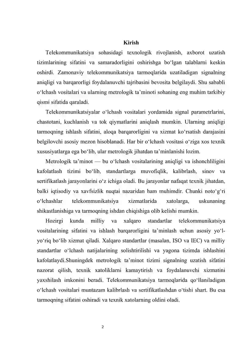 Telekommunikatsiyalar o’lchash vositalarining metrologik  ta’minoti. 2