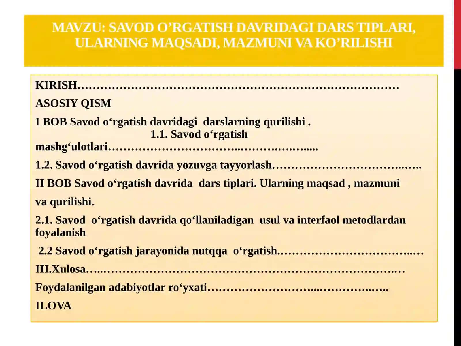 SAVOD O’RGATISH DAVRIDAGI DARS TIPLARI, ULARNING MAQSADI, MAZMUNI VA KO’RILISHI 2