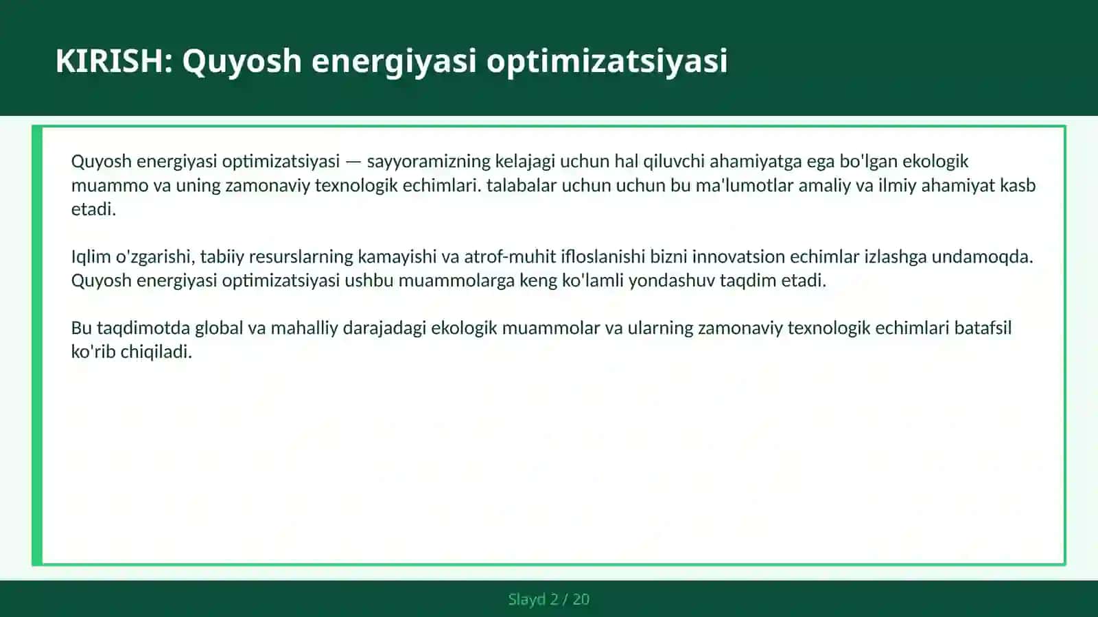 Quyosh energiyasi optimizatsiyasi 2