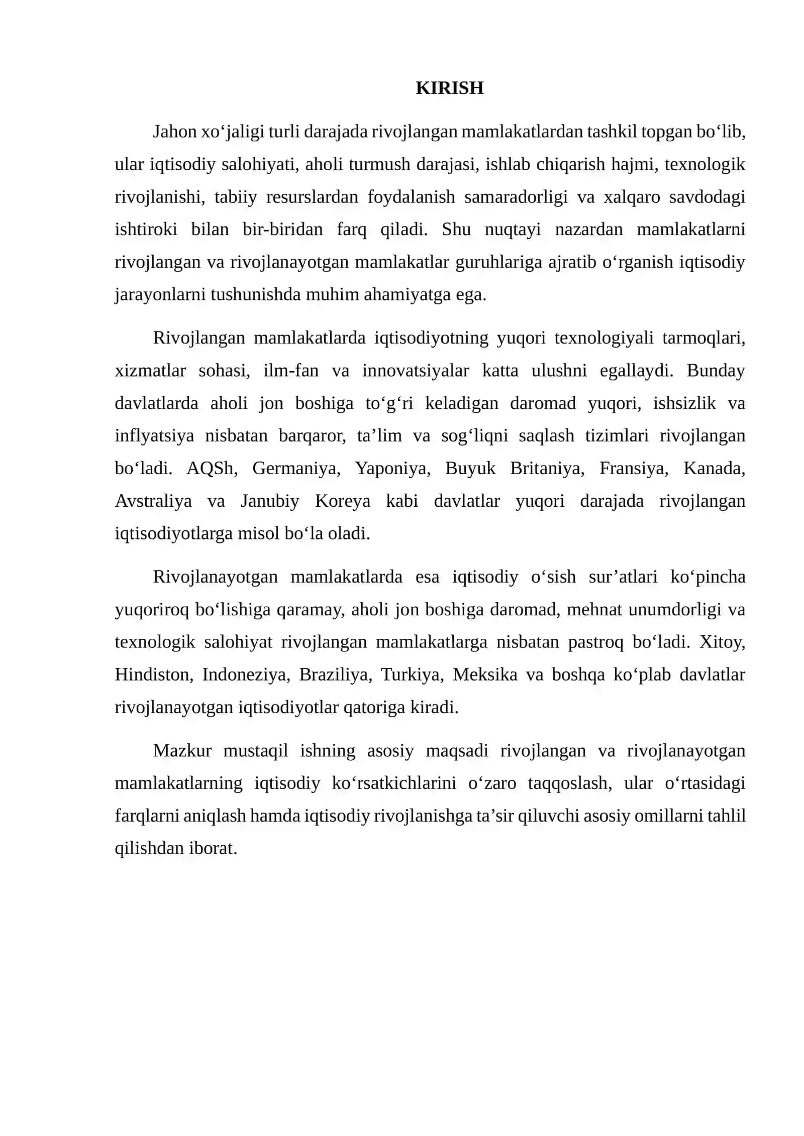 RIVOJLANGAN VA RIVOJLANAYOTGAN MAMLAKATLARNING IQTISODIY KO‘RSATKICHLARINI TAQQOSLASH 2