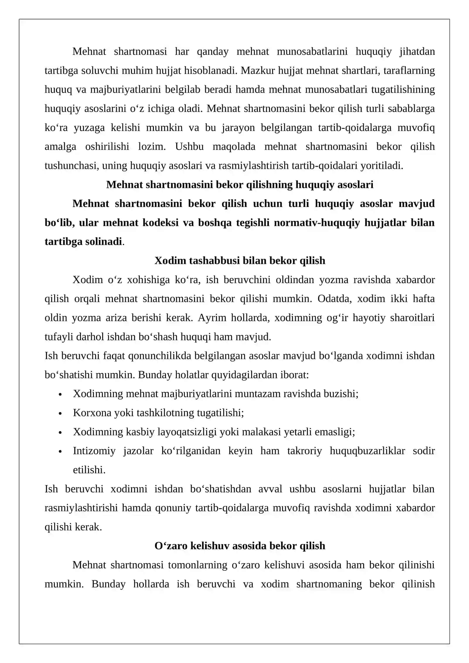 Mehnat shartnomasini bekor qilish 2