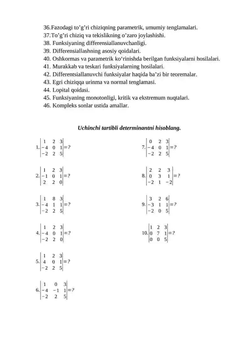 «Oliy matematika» fanidan  yakuniy nazorat savollari to‘plami. 2