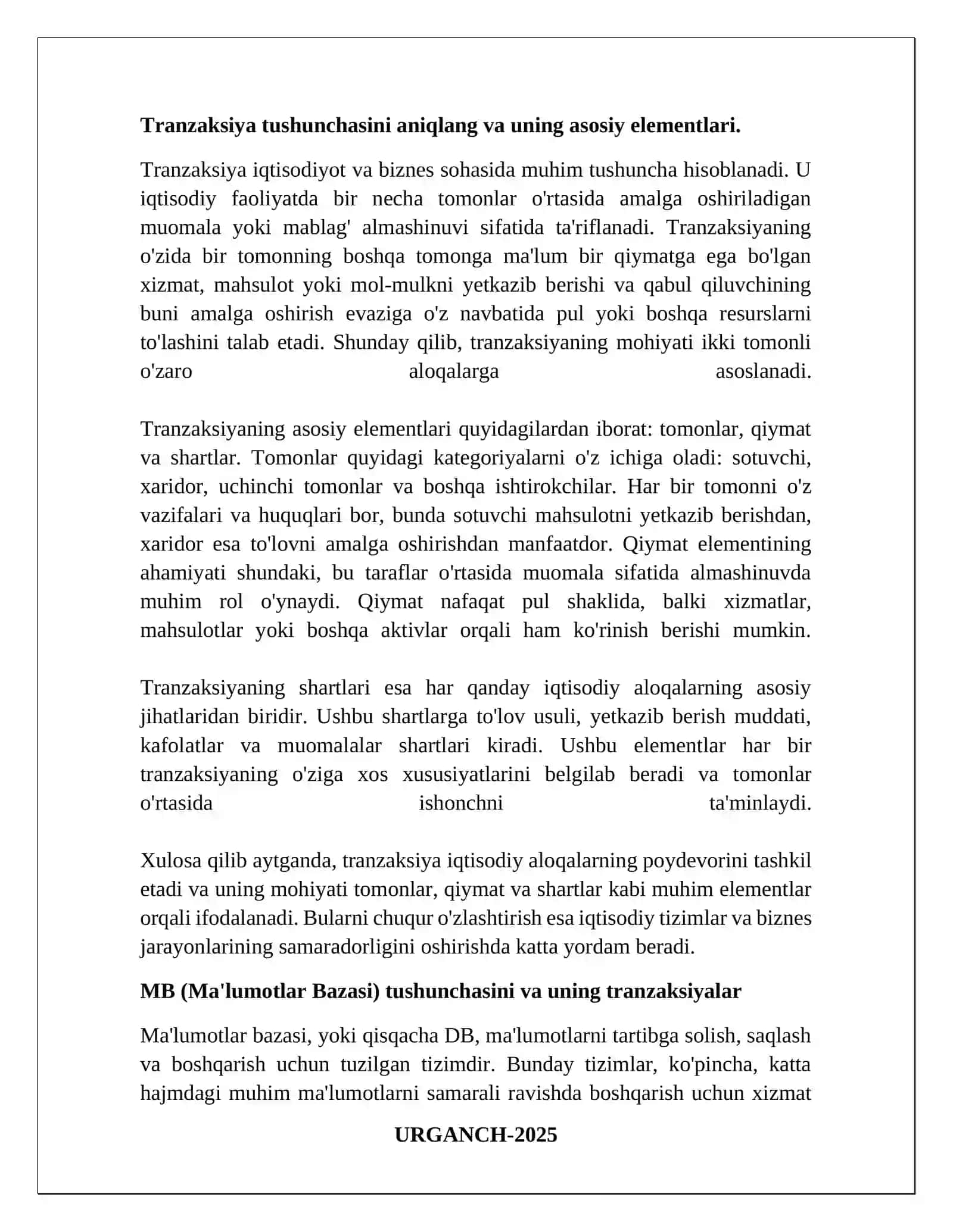: Malumotlar bazasida tranzaksiya va trigger tushunchasi 2
